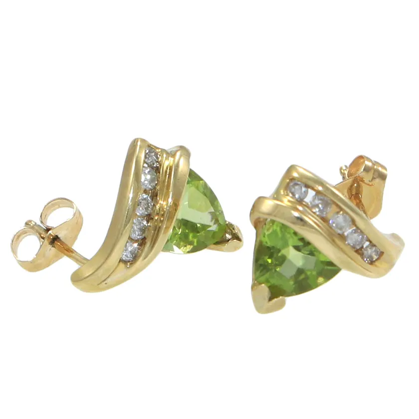 Modern 14k Yellow Gold 1.52ct Trillion Peridot .25ct Diamond Stud Earrings
