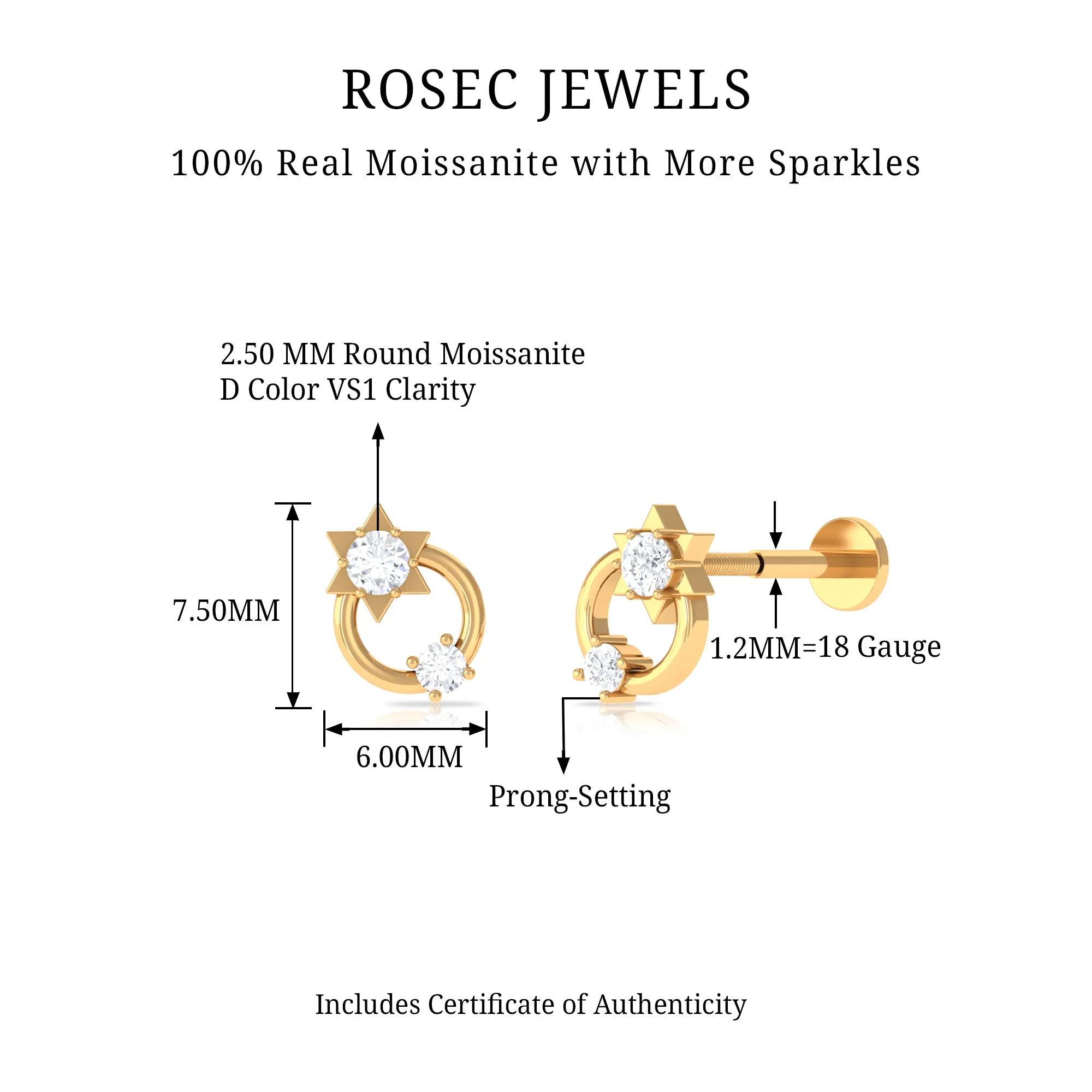 Moissanite Star Celestial Earring for Helix Piercing