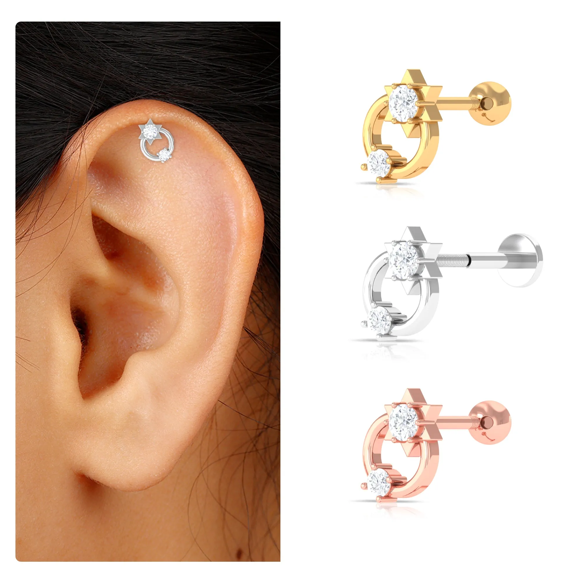 Moissanite Star Celestial Earring for Helix Piercing