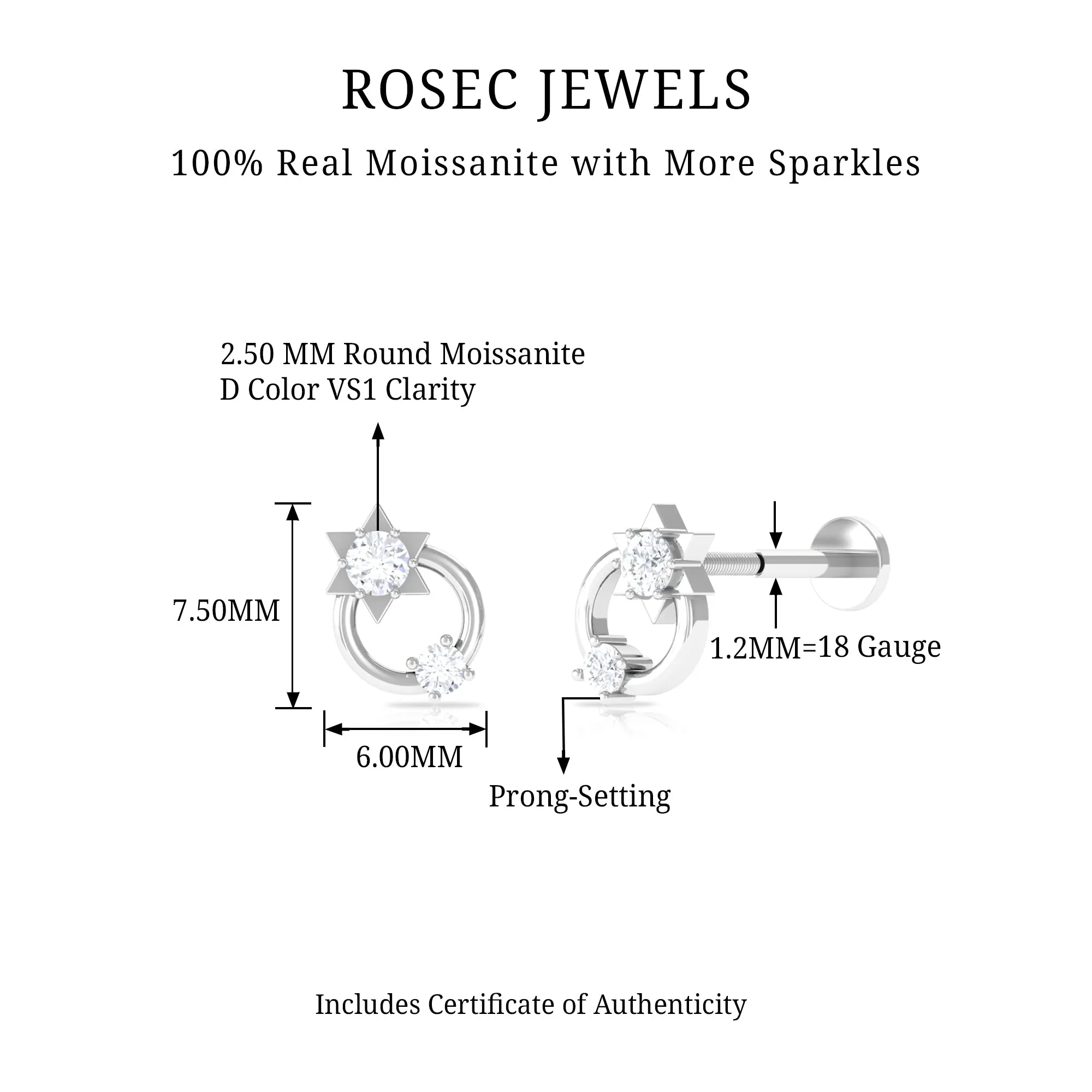 Moissanite Star Celestial Earring for Helix Piercing