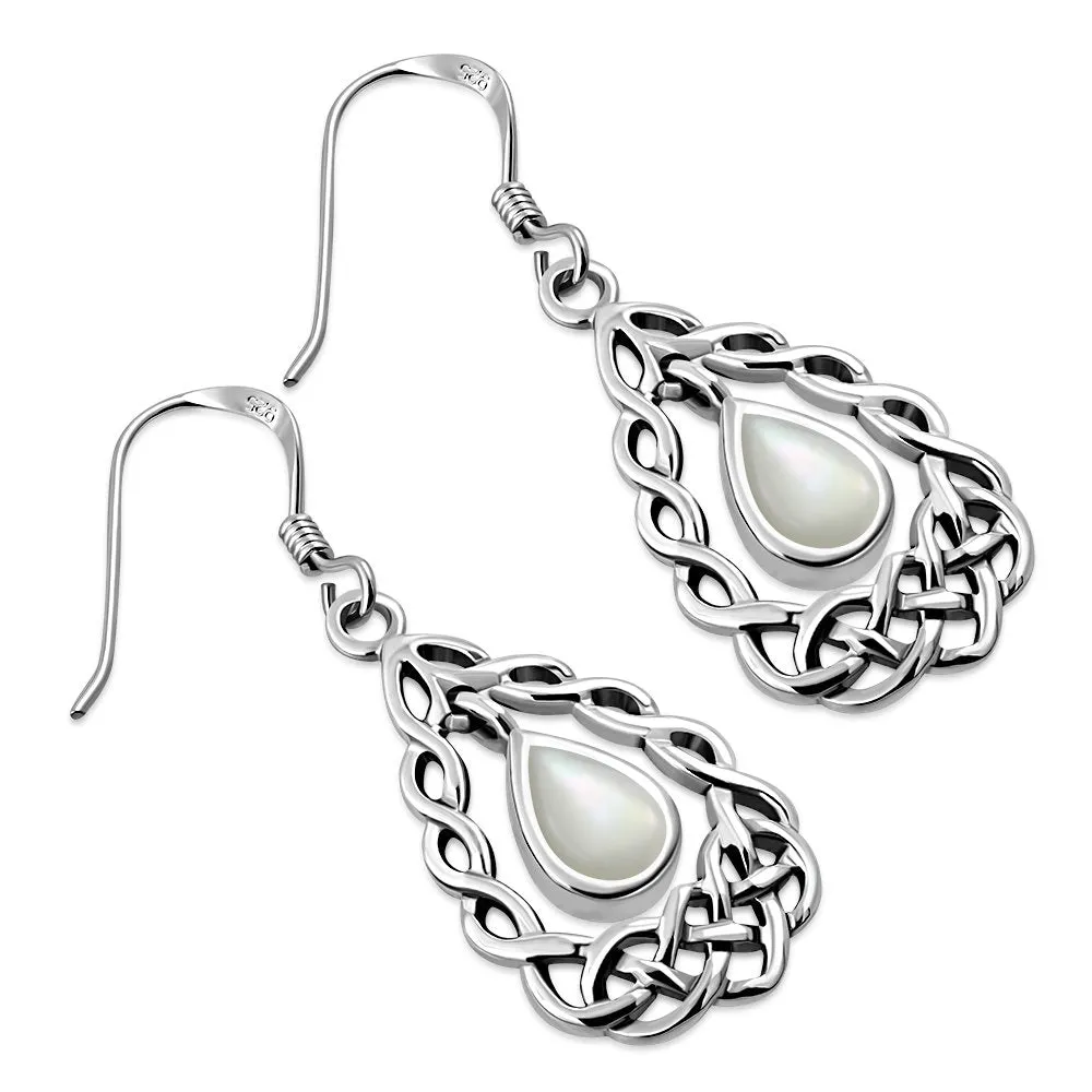 Mother of Pearl Drop Silver Celtic Knot Earrings