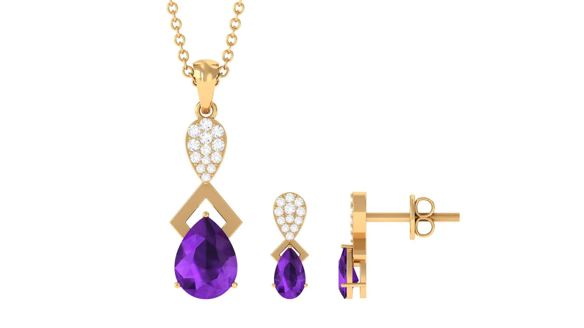 Natural Amethyst and Diamond Dangle Pendant and Earrings Set