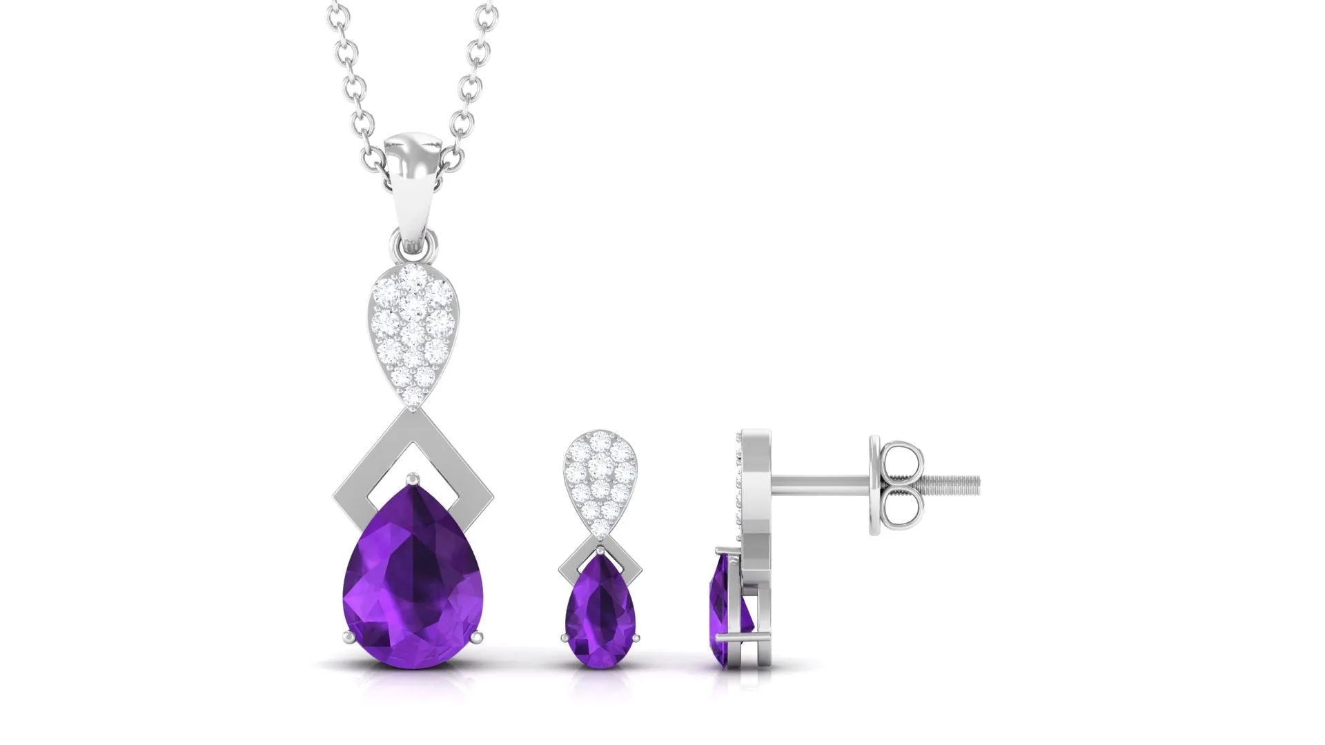 Natural Amethyst and Diamond Dangle Pendant and Earrings Set