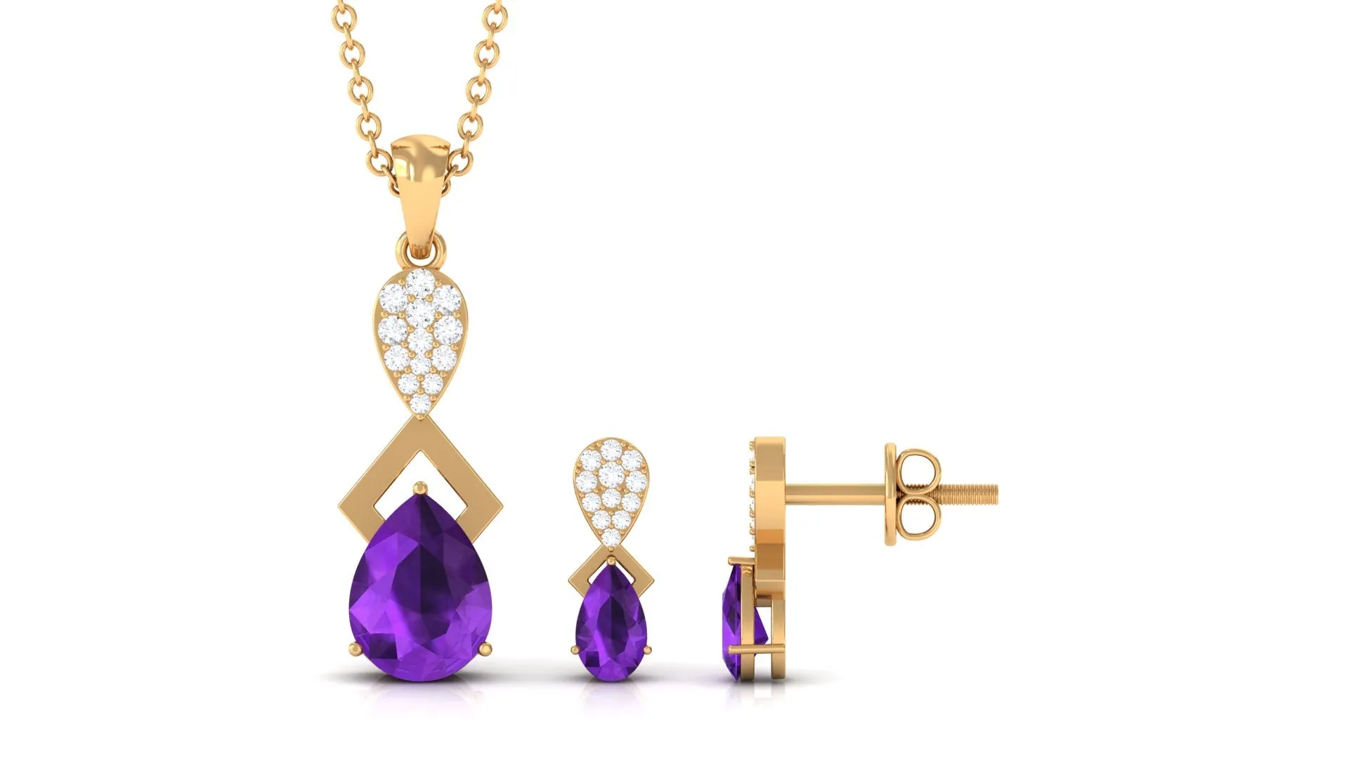 Natural Amethyst and Diamond Dangle Pendant and Earrings Set