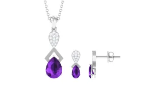 Natural Amethyst and Diamond Dangle Pendant and Earrings Set