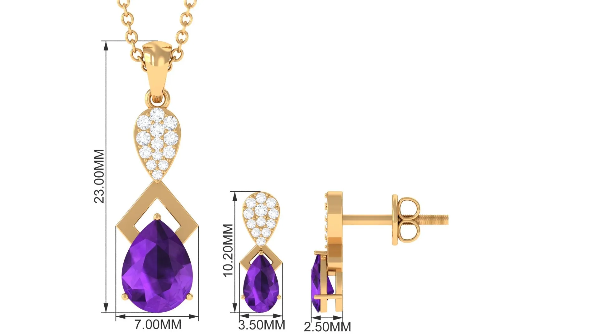 Natural Amethyst and Diamond Dangle Pendant and Earrings Set