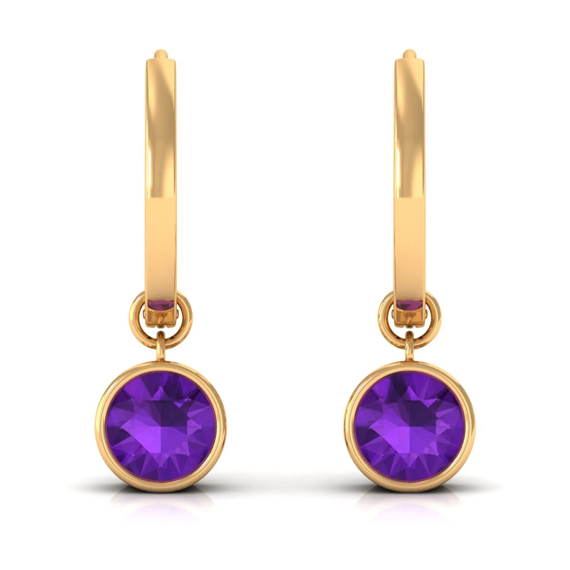 Natural Amethyst Hoop Drop Earrings in Bezel Setting
