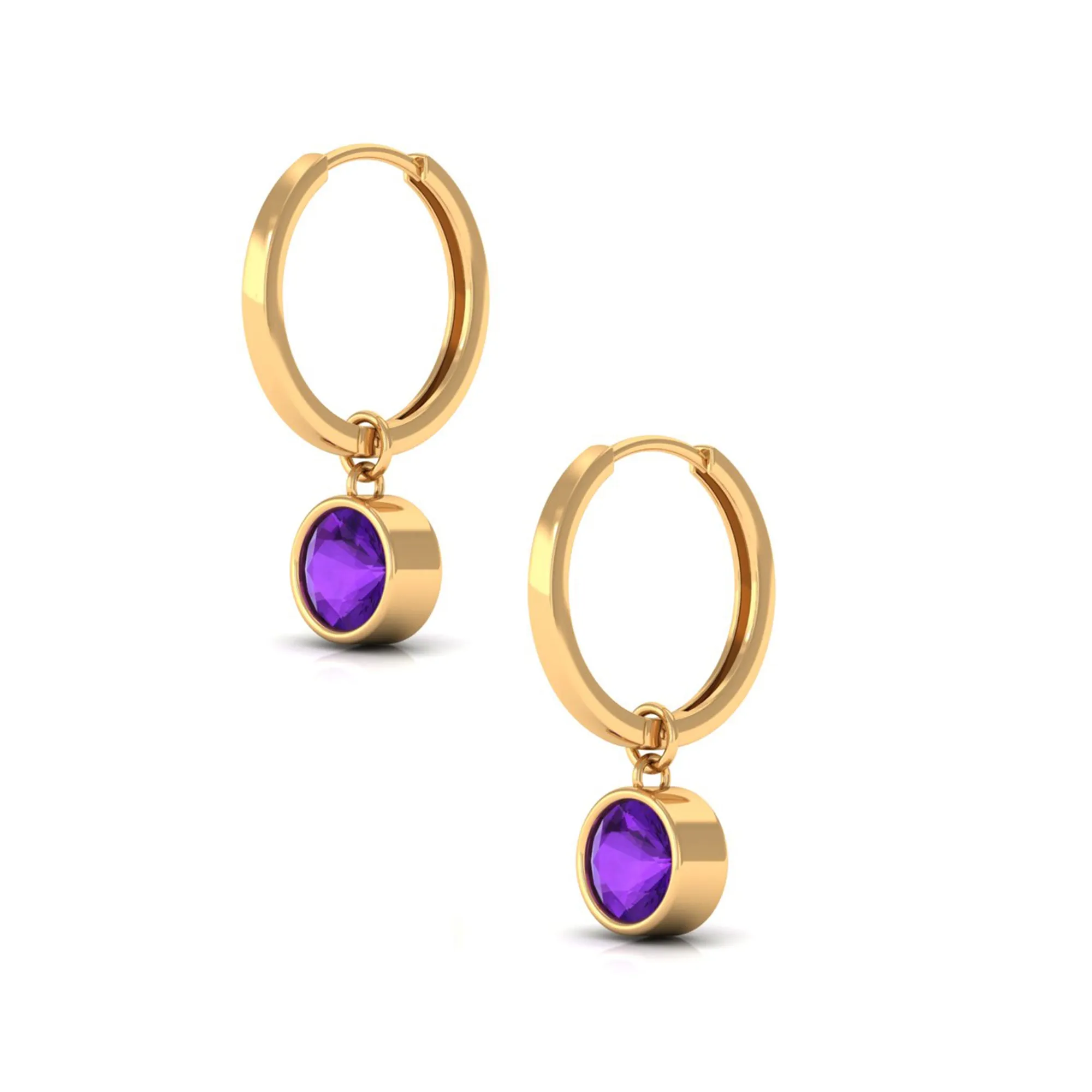 Natural Amethyst Hoop Drop Earrings in Bezel Setting