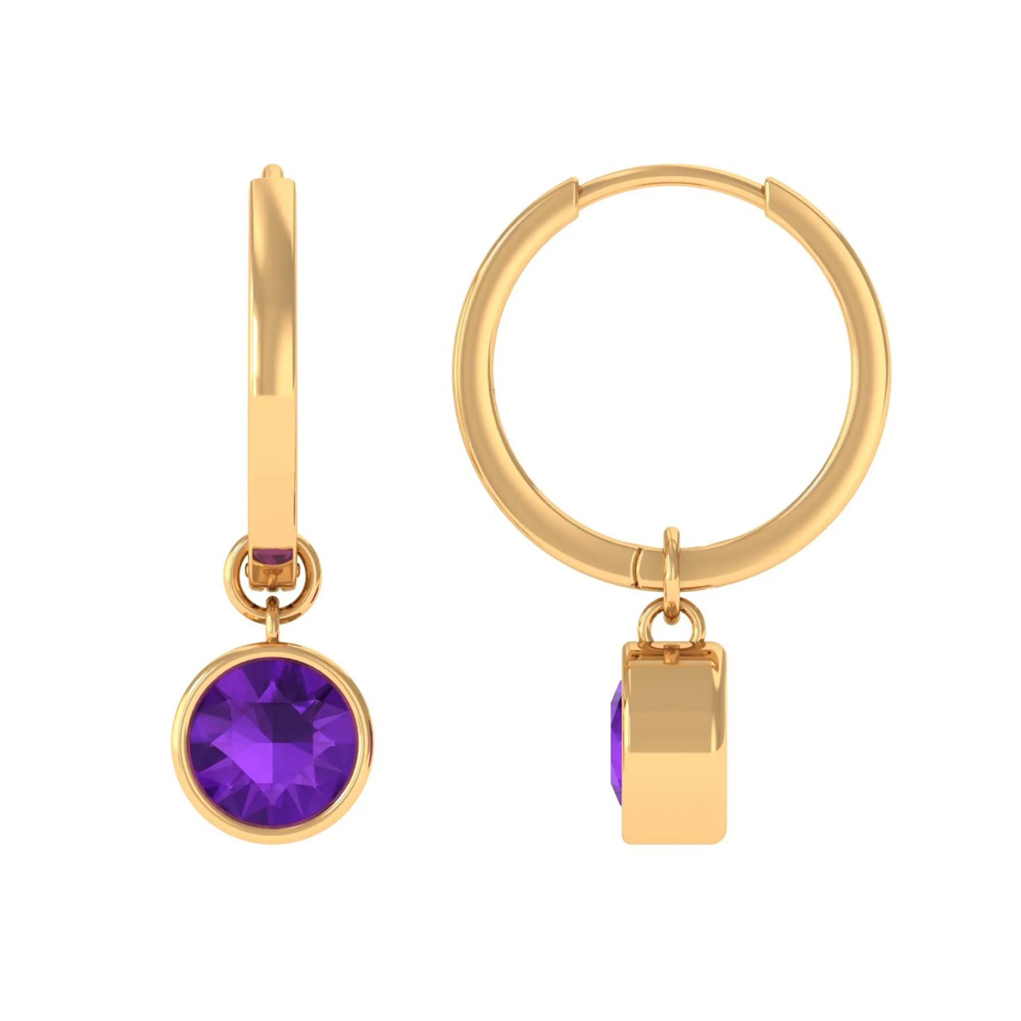 Natural Amethyst Hoop Drop Earrings in Bezel Setting