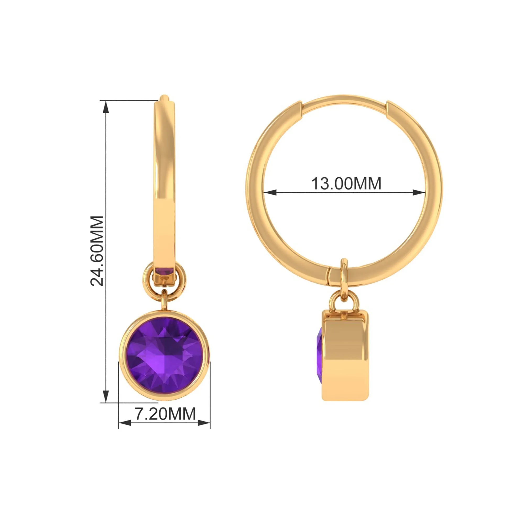 Natural Amethyst Hoop Drop Earrings in Bezel Setting