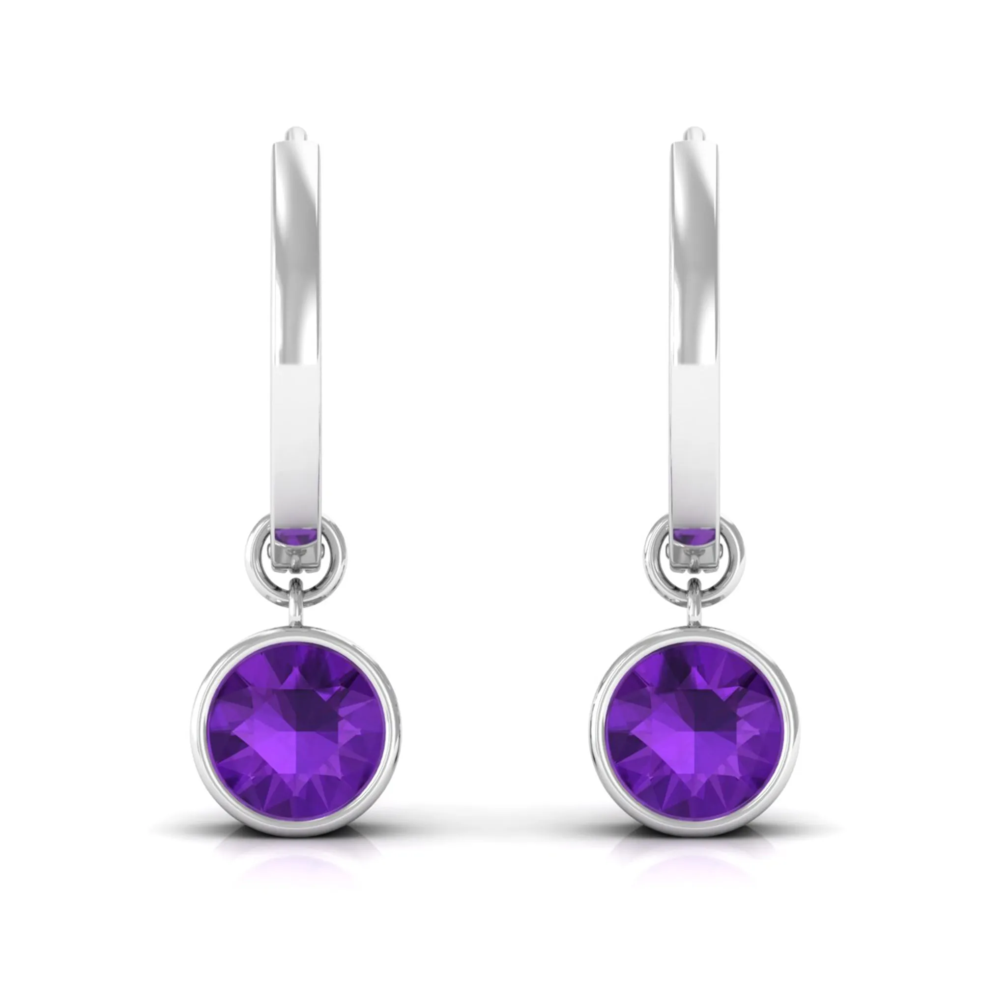 Natural Amethyst Hoop Drop Earrings in Bezel Setting