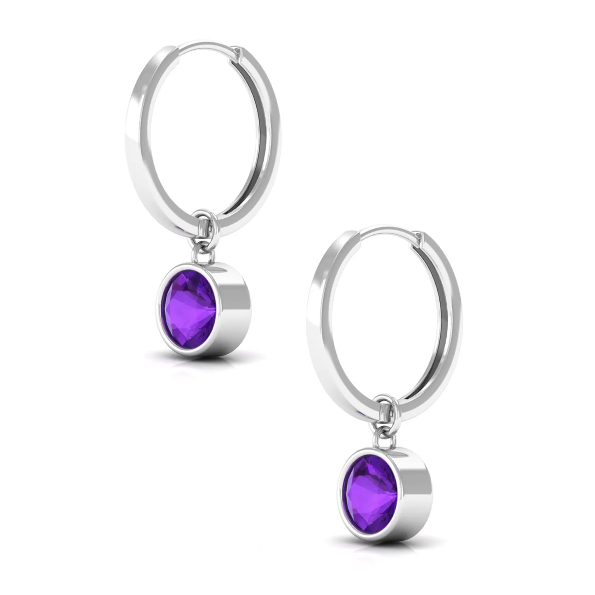 Natural Amethyst Hoop Drop Earrings in Bezel Setting