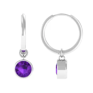Natural Amethyst Hoop Drop Earrings in Bezel Setting
