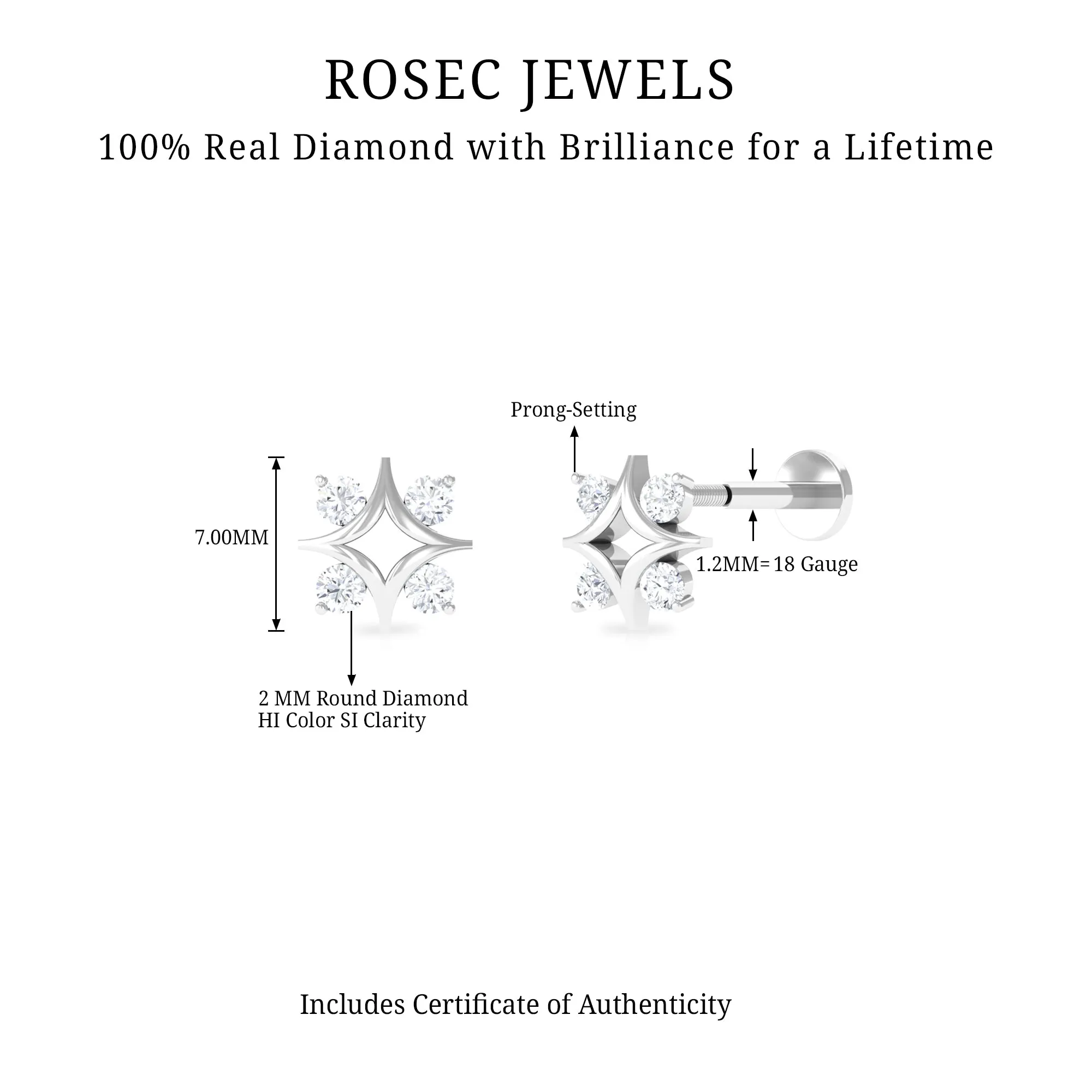 Natural Diamond Star Celestial Earring for Helix Piercing