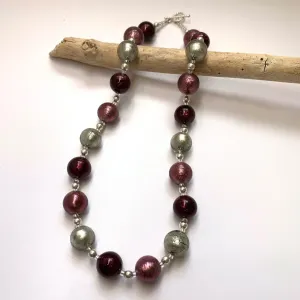 Necklace with light, dark amethyst (purple), grey Murano glass small sphere beads on silver