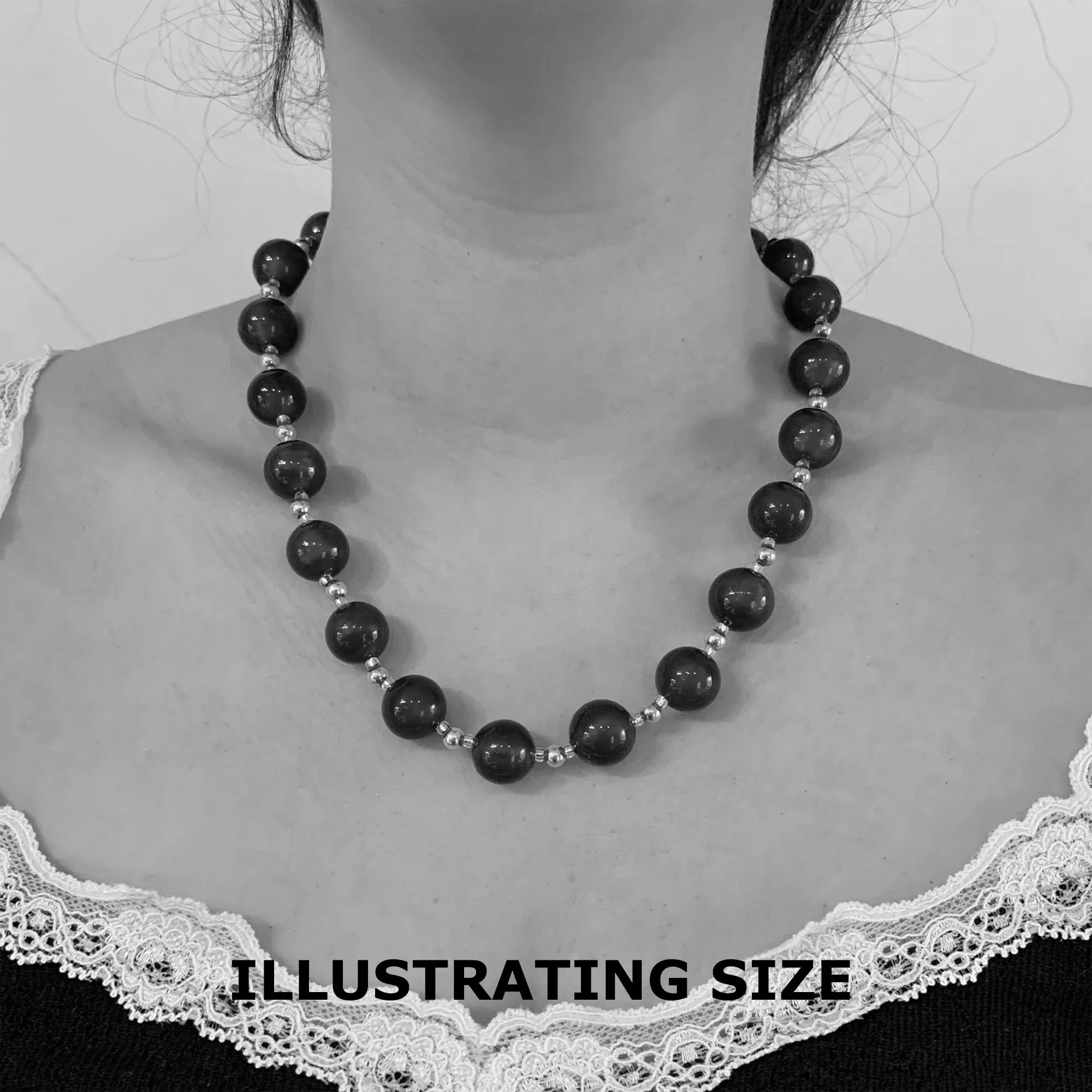 Necklace with light, dark amethyst (purple), grey Murano glass small sphere beads on silver