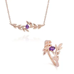 O Leaf Amethyst Halskette & Ring Satz in 9ct Rose Gold