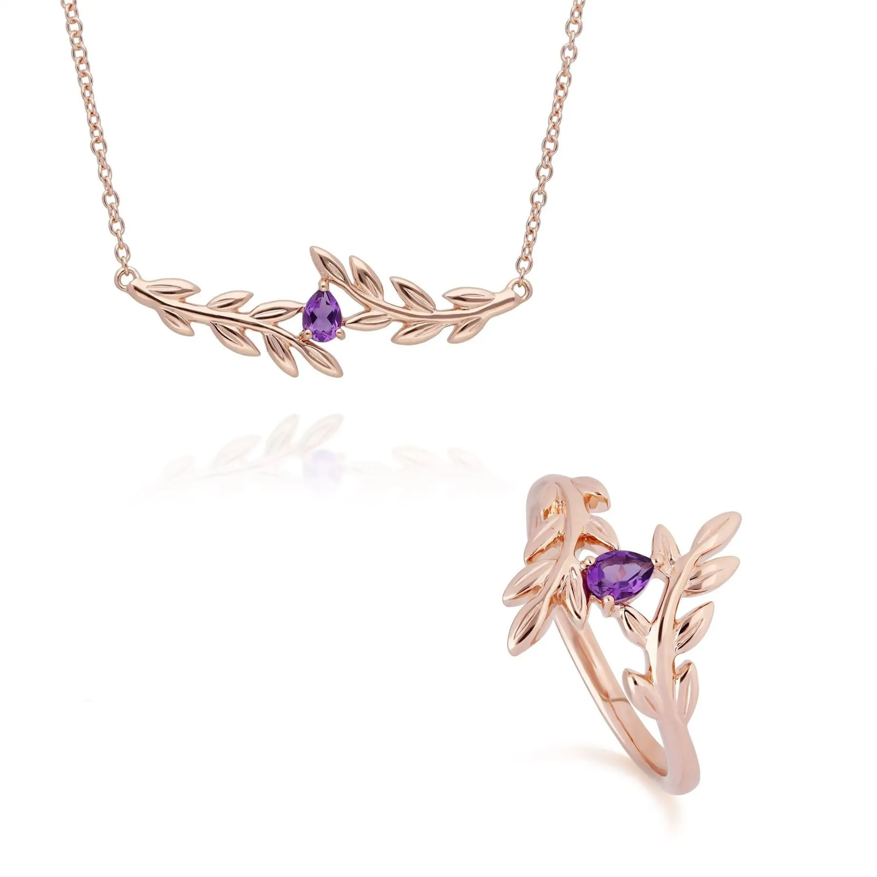 O Leaf Amethyst Halskette & Ring Satz in 9ct Rose Gold
