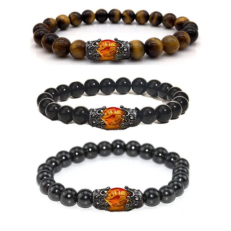 Obsidian Tigereye White-barked Pine Vintage Alloy Crown Bracelet European And American Men And Women Beaded Bracelet