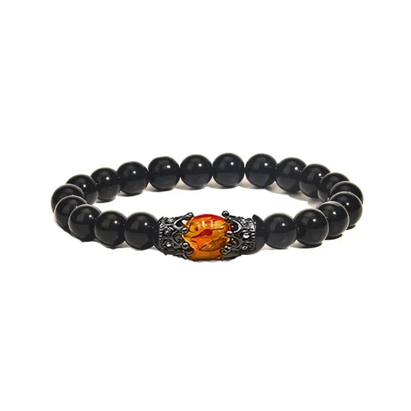 Obsidian Tigereye White-barked Pine Vintage Alloy Crown Bracelet European And American Men And Women Beaded Bracelet