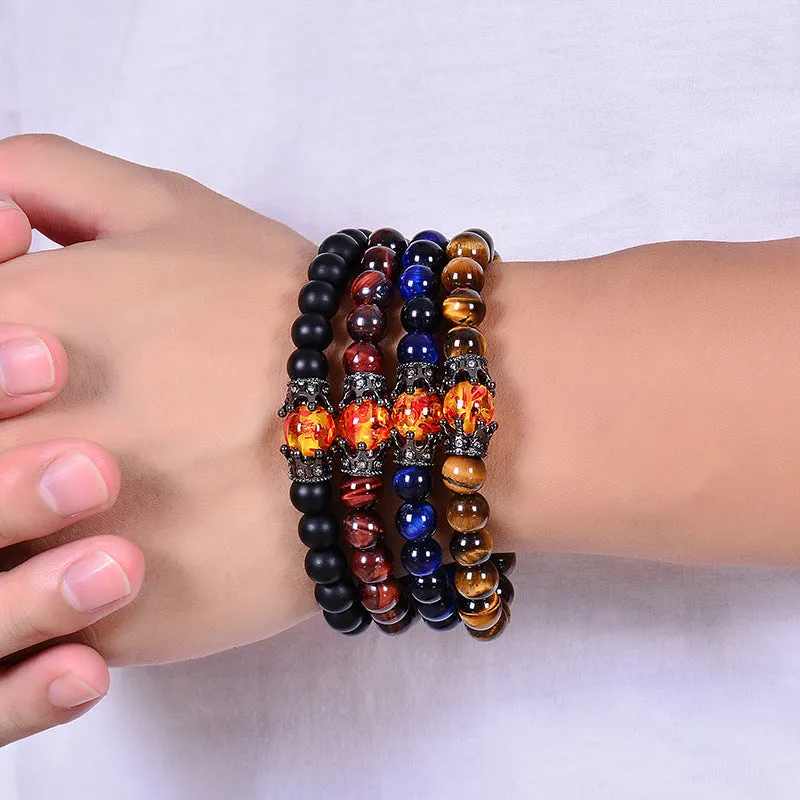 Obsidian Tigereye White-barked Pine Vintage Alloy Crown Bracelet European And American Men And Women Beaded Bracelet