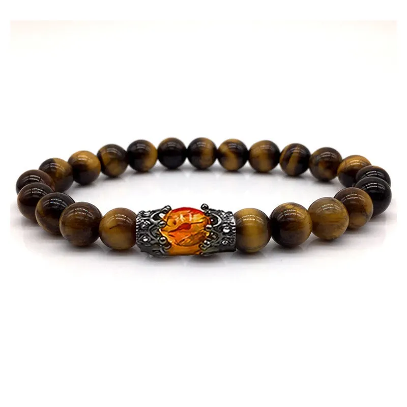 Obsidian Tigereye White-barked Pine Vintage Alloy Crown Bracelet European And American Men And Women Beaded Bracelet