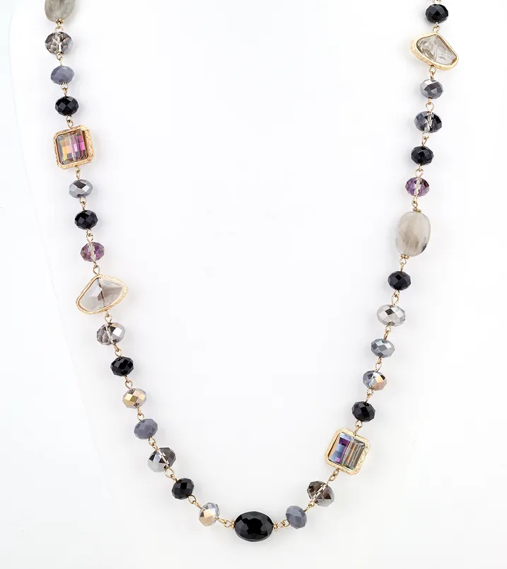 Opalescent Beaded Long Necklace Black