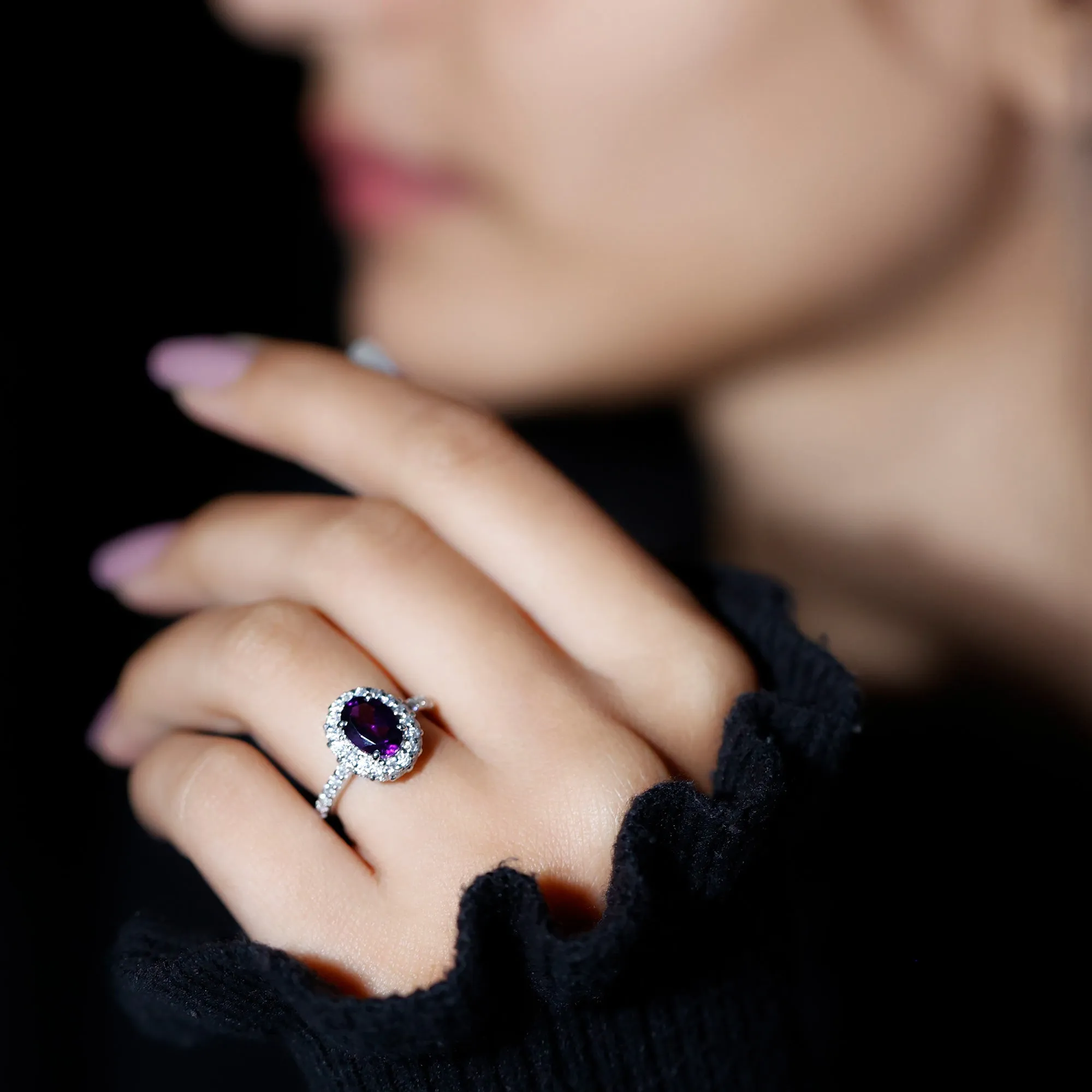 Oval Amethyst Engagement Ring with Moissanite Halo