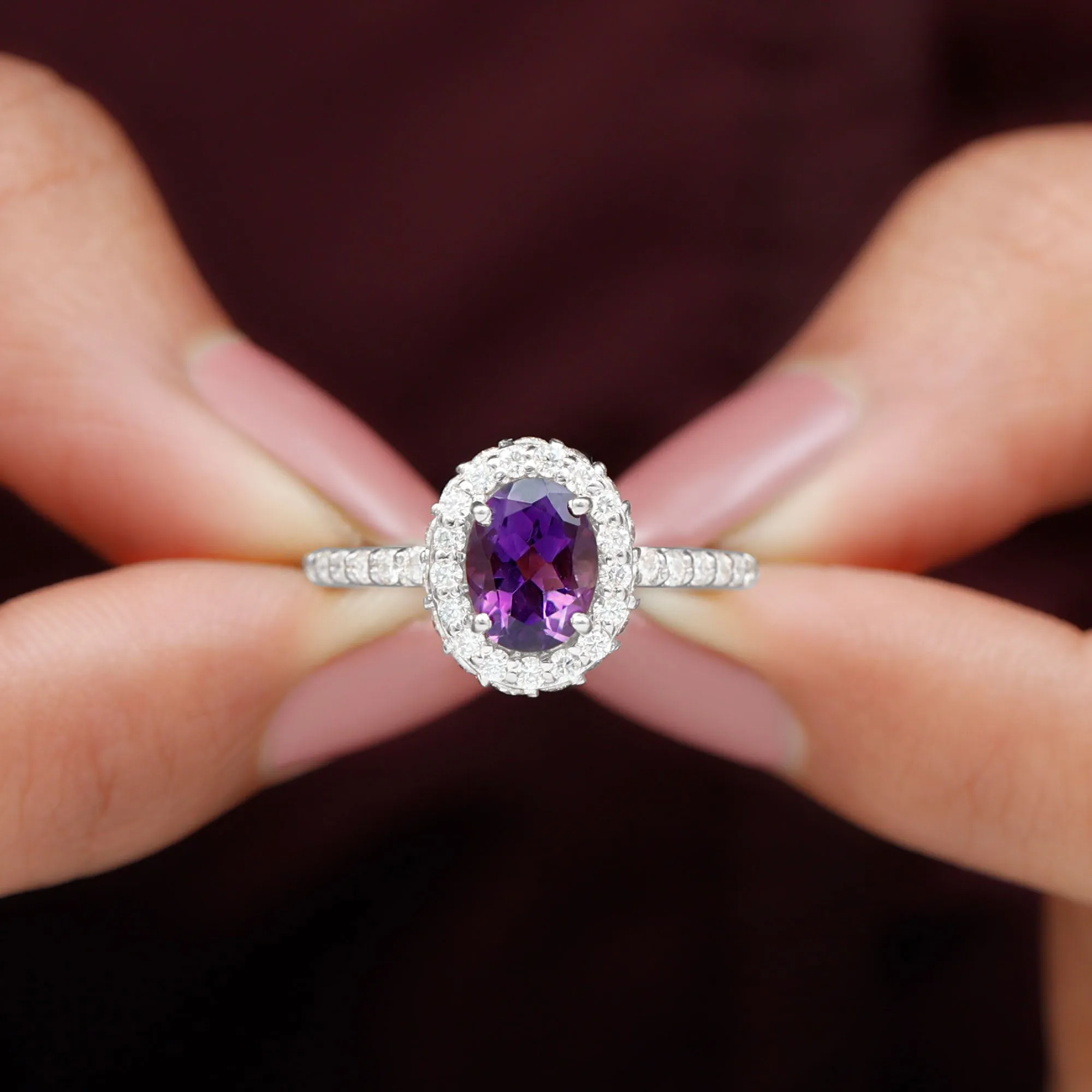 Oval Amethyst Engagement Ring with Moissanite Halo