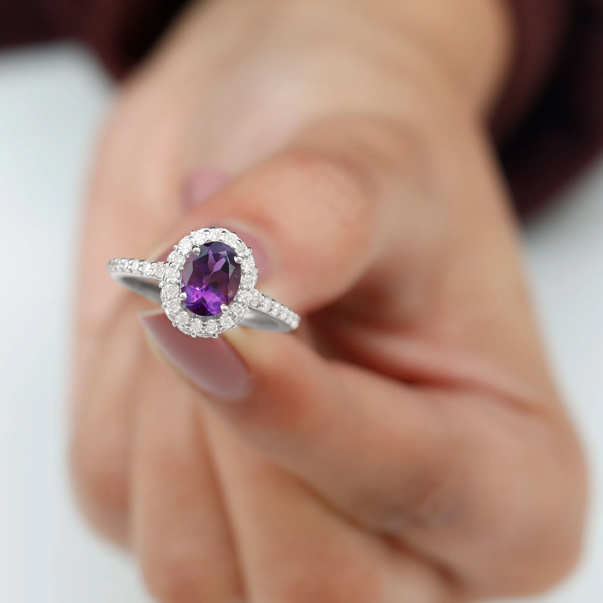 Oval Amethyst Engagement Ring with Moissanite Halo