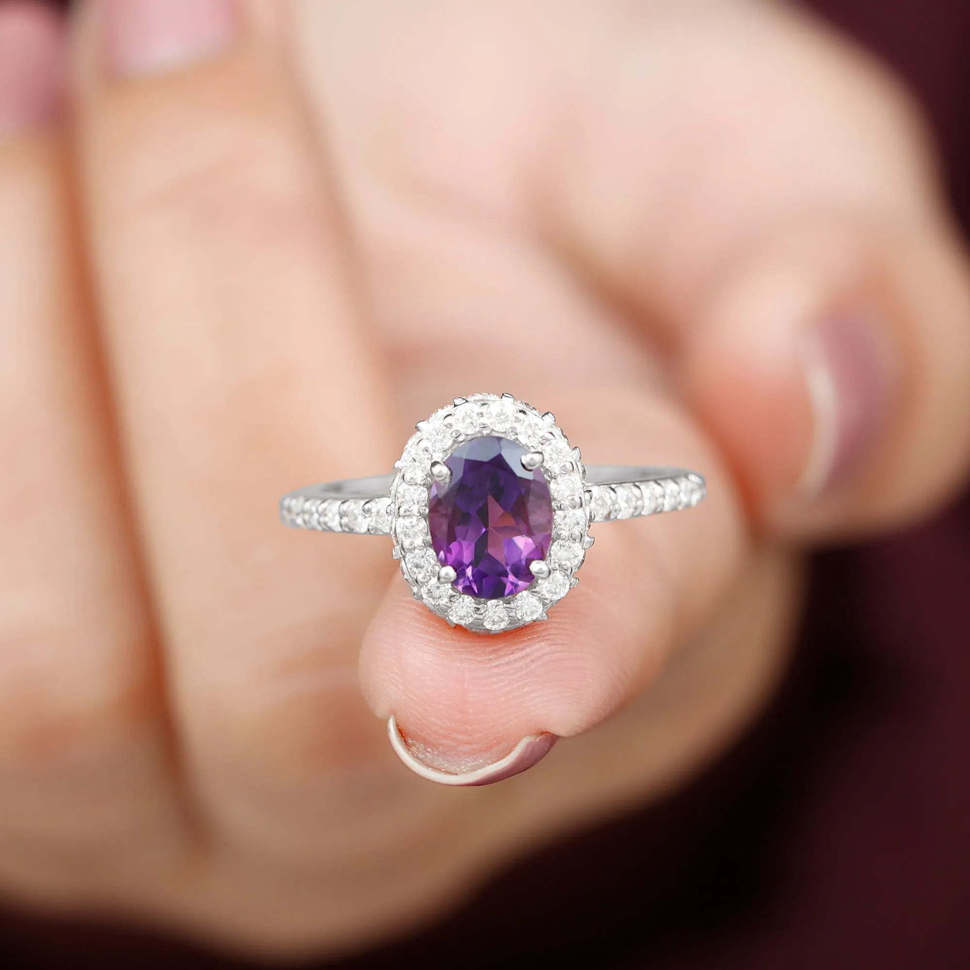 Oval Amethyst Engagement Ring with Moissanite Halo