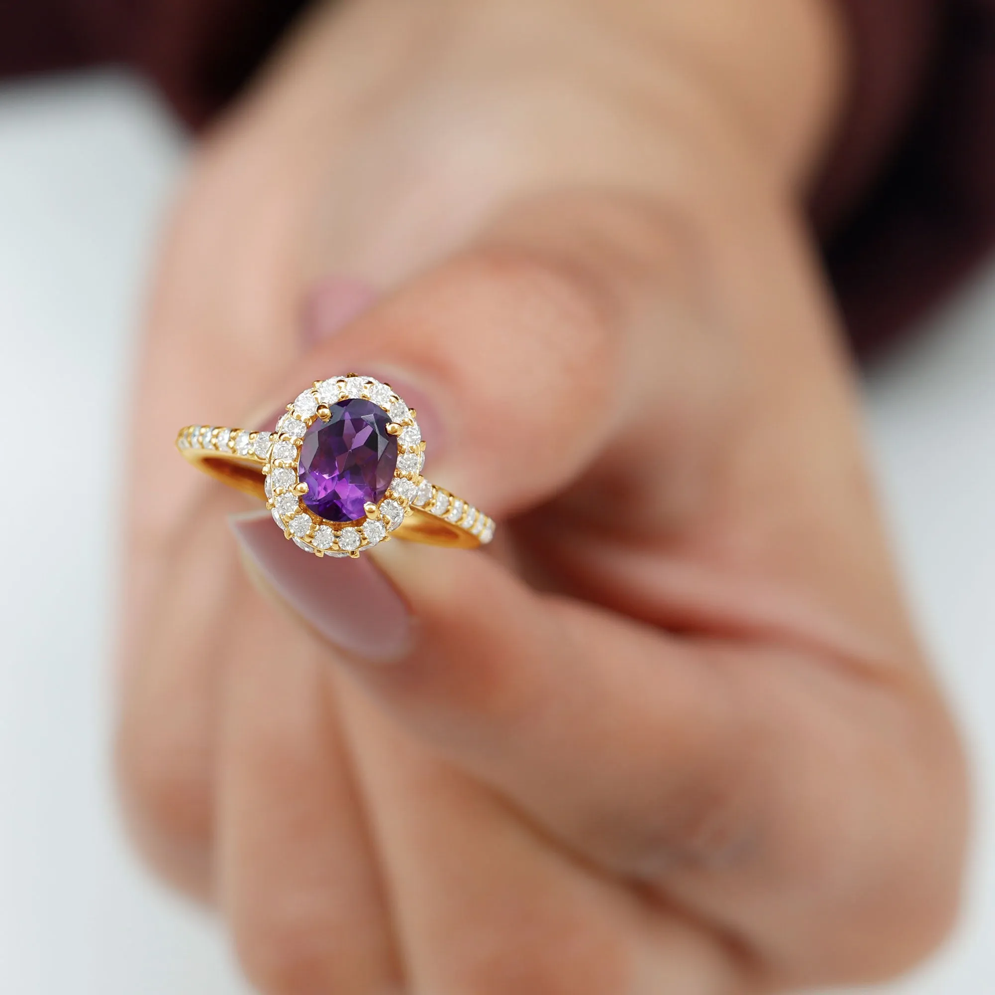 Oval Amethyst Engagement Ring with Moissanite Halo