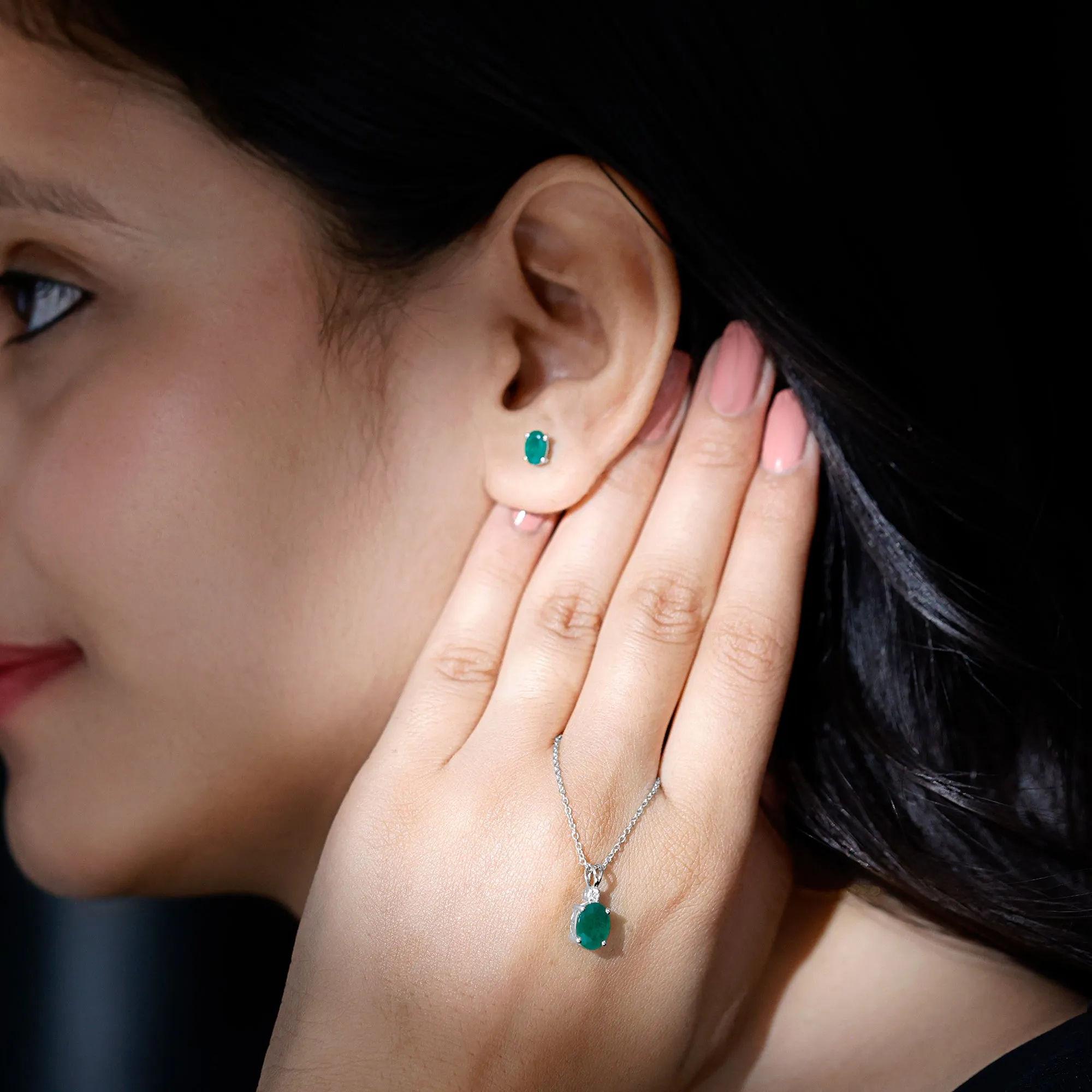 Oval Cut Emerald Solitaire Pendant and Earrings set with Moissanite