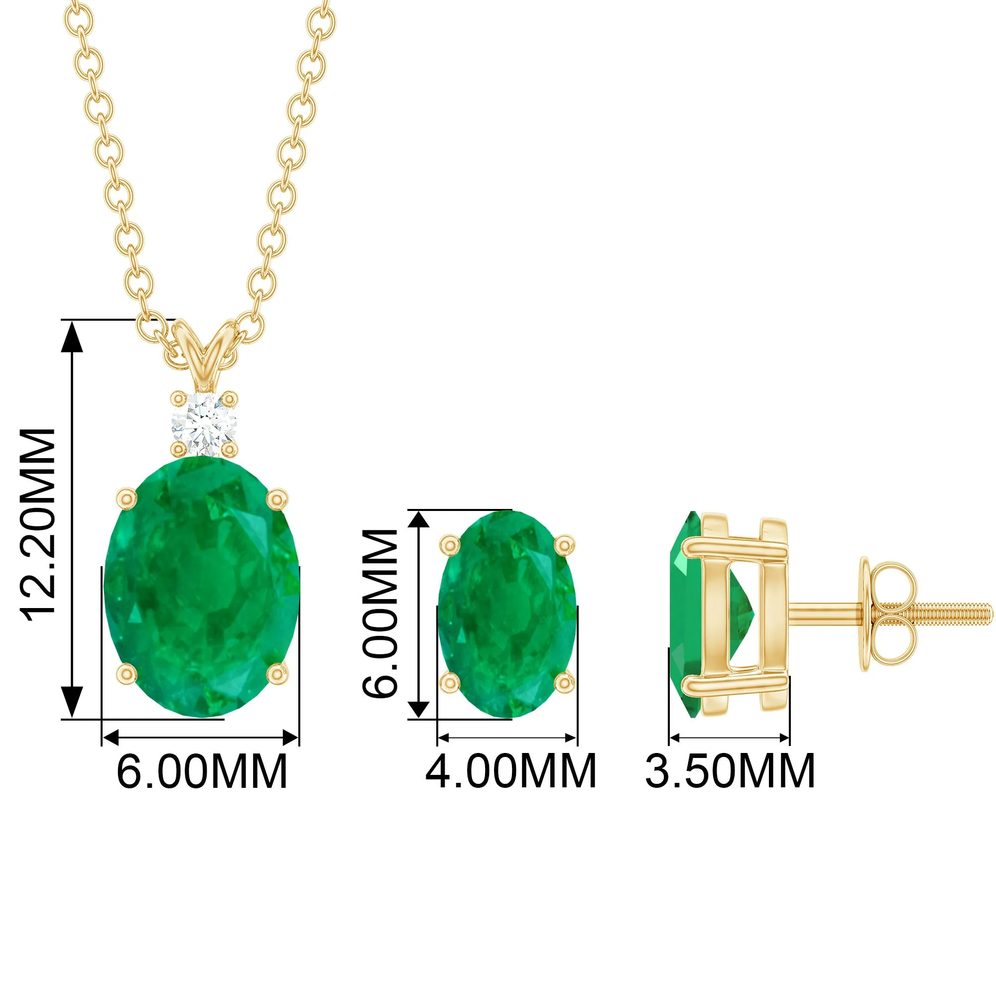 Oval Cut Emerald Solitaire Pendant and Earrings set with Moissanite