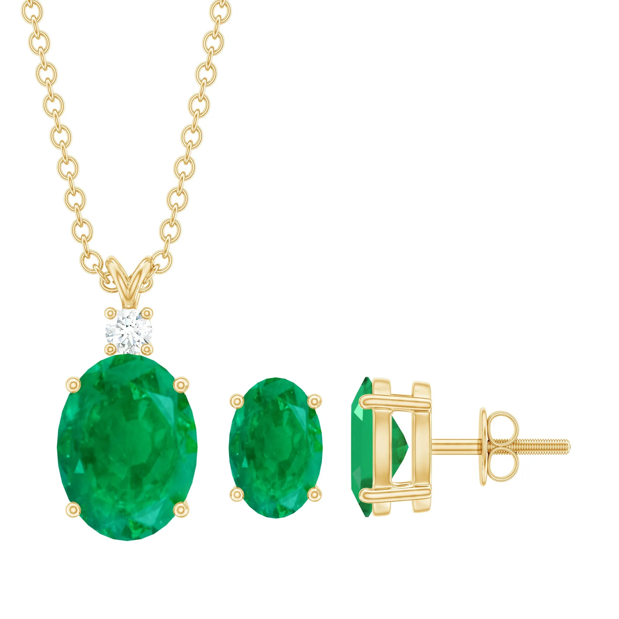 Oval Cut Emerald Solitaire Pendant and Earrings set with Moissanite