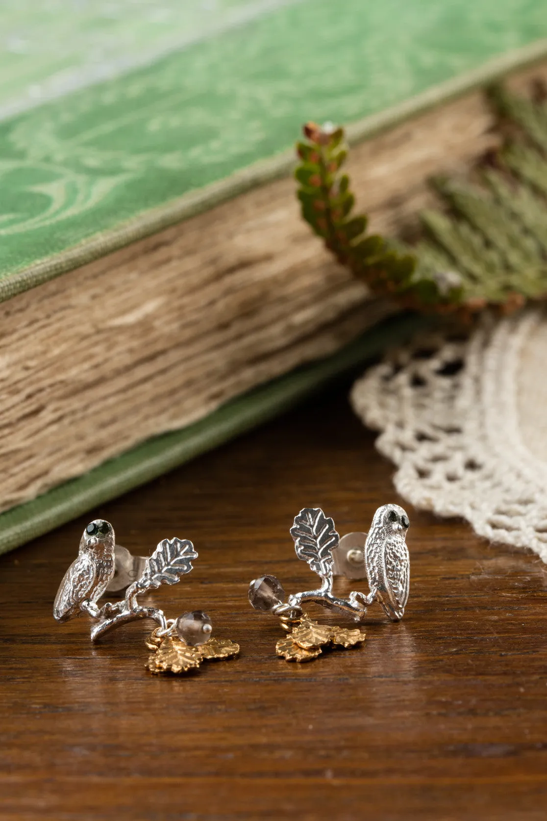 Owl On Perch Stud Earrings