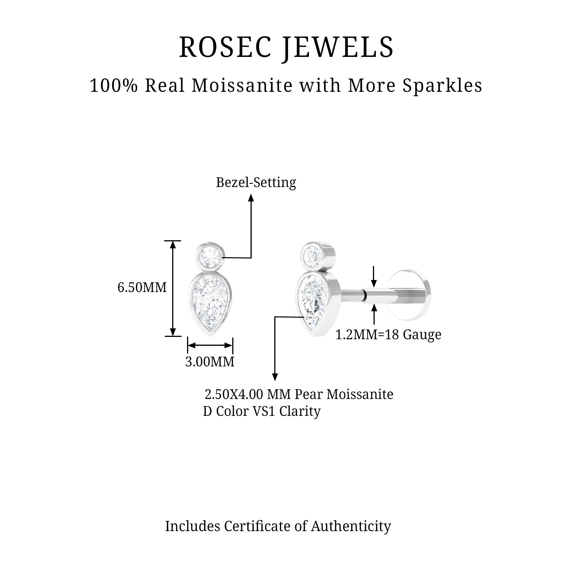 Pear and Round Moissanite Dainty Tragus Earring