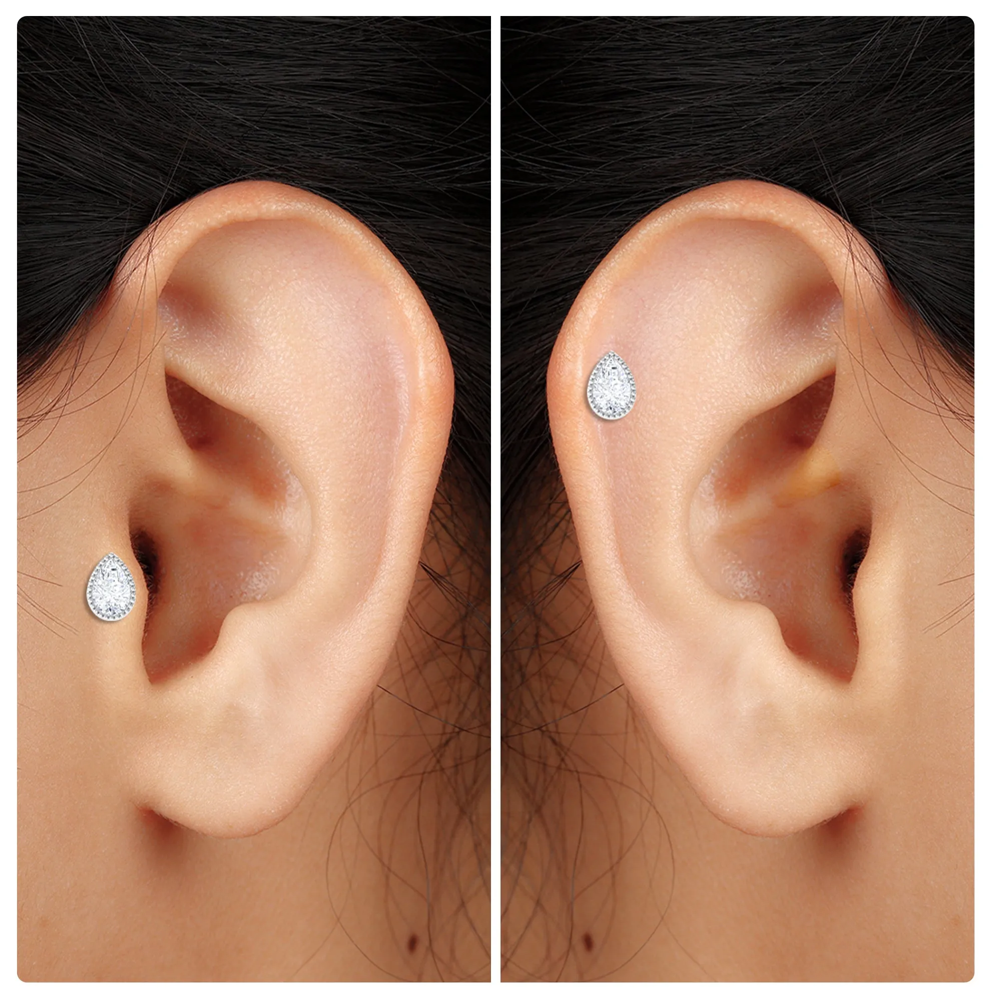 Pear Moissanite Helix Solitaire Earring in Beaded Bezel Setting