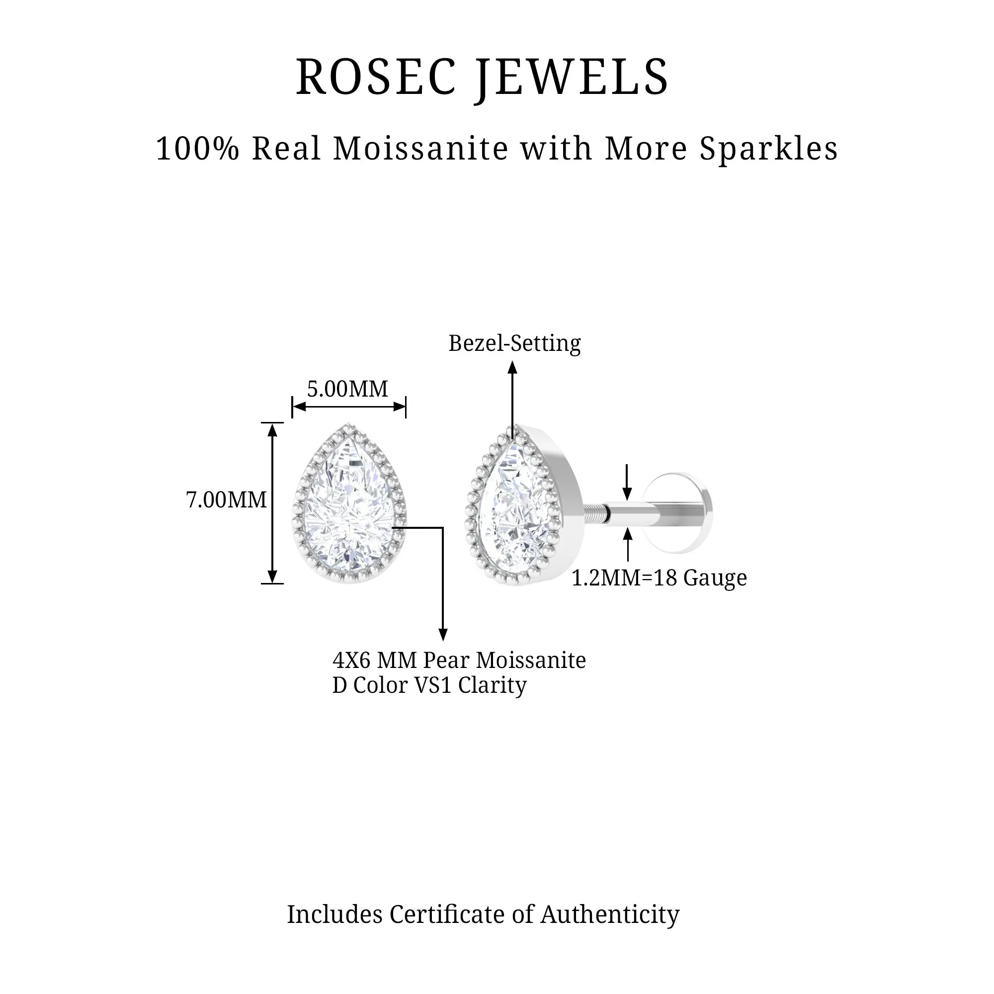 Pear Moissanite Helix Solitaire Earring in Beaded Bezel Setting