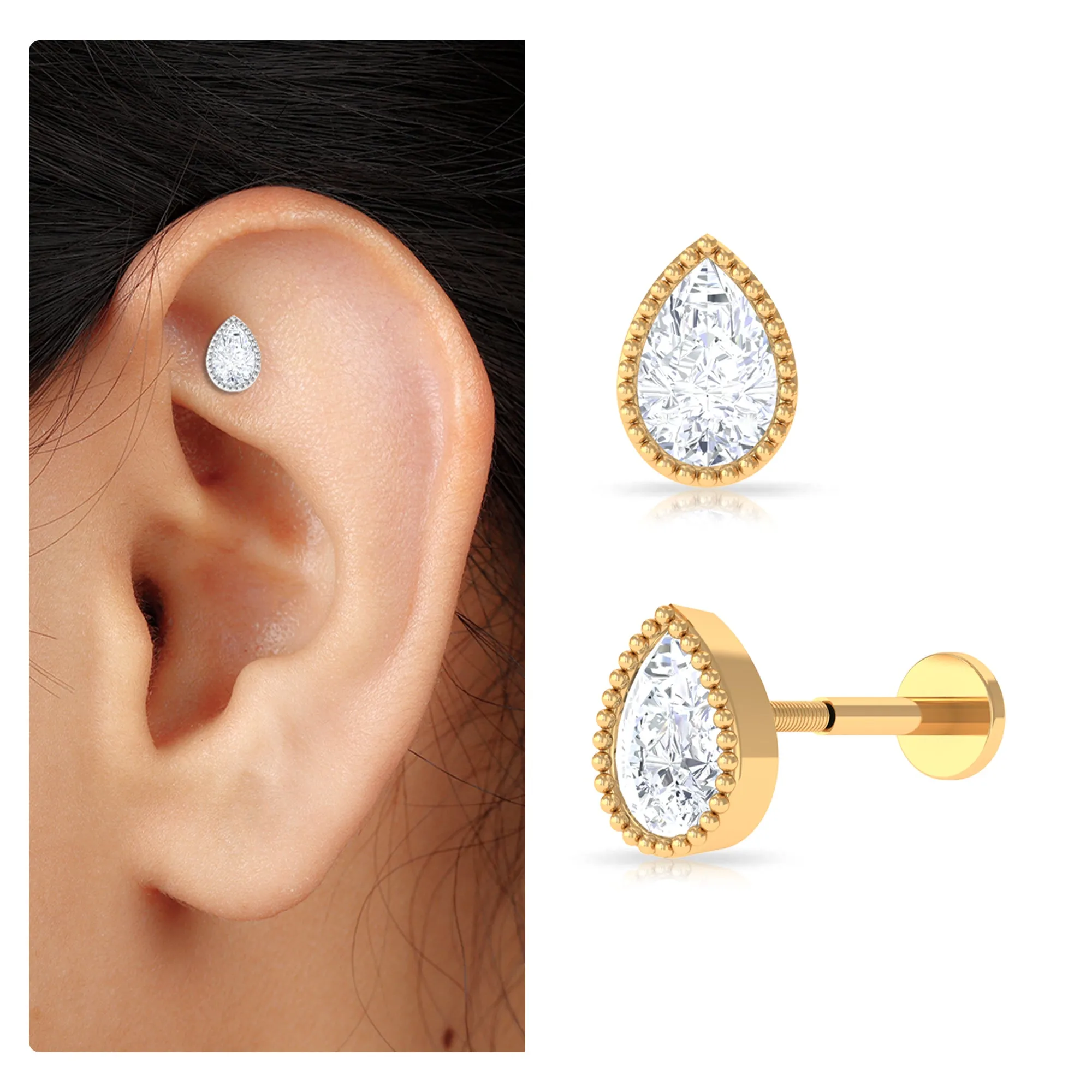 Pear Moissanite Helix Solitaire Earring in Beaded Bezel Setting