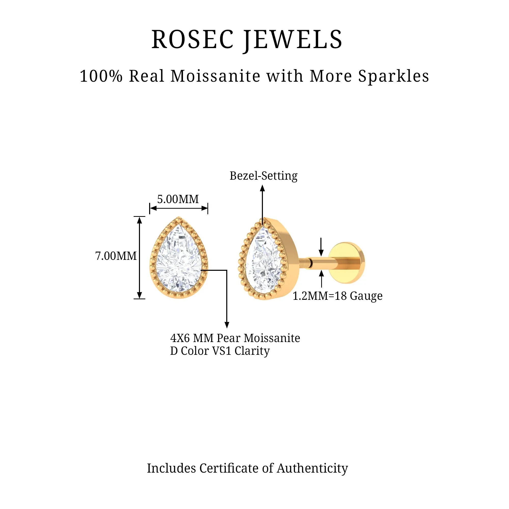 Pear Moissanite Helix Solitaire Earring in Beaded Bezel Setting