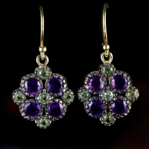 Peridot Amethyst Suffragette Cluster Earrings 18Ct Gold