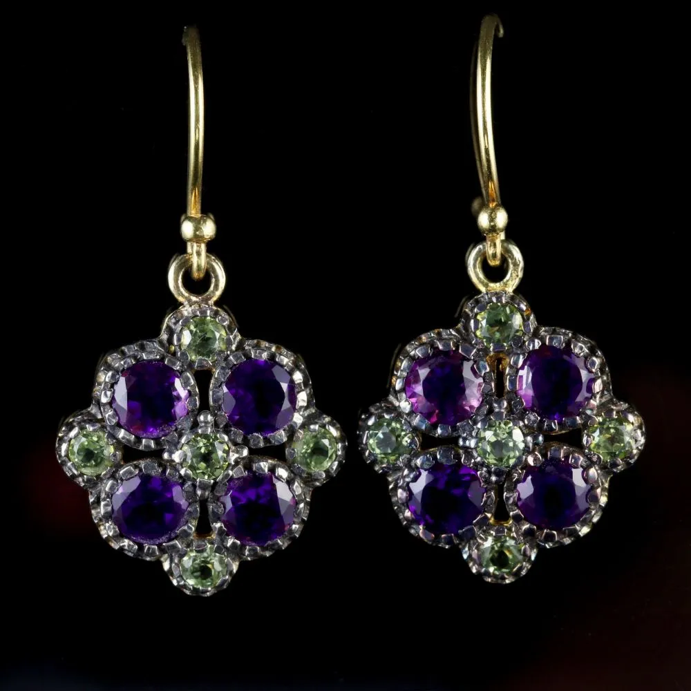 Peridot Amethyst Suffragette Cluster Earrings 18Ct Gold