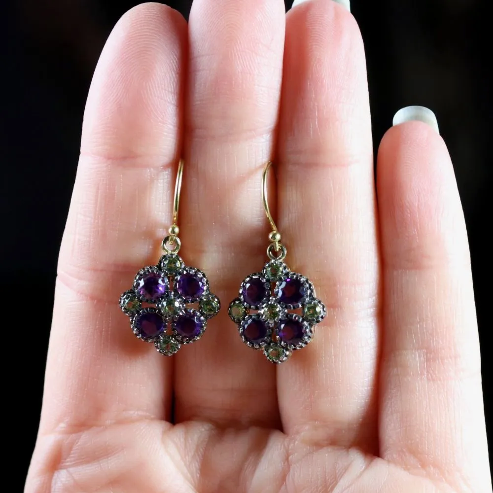 Peridot Amethyst Suffragette Cluster Earrings 18Ct Gold