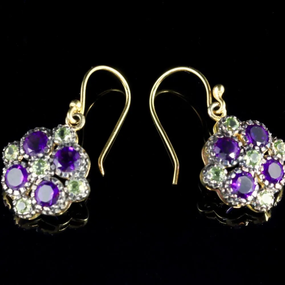 Peridot Amethyst Suffragette Cluster Earrings 18Ct Gold