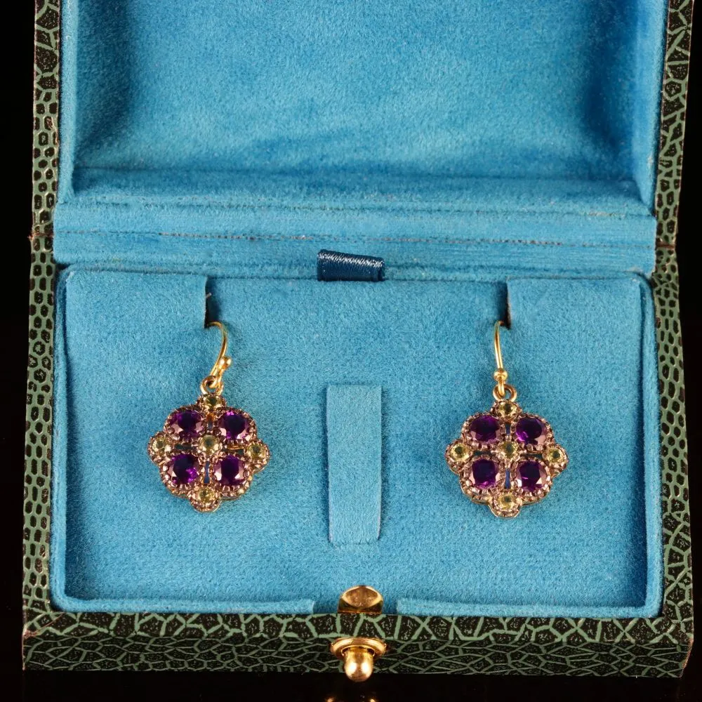 Peridot Amethyst Suffragette Cluster Earrings 18Ct Gold