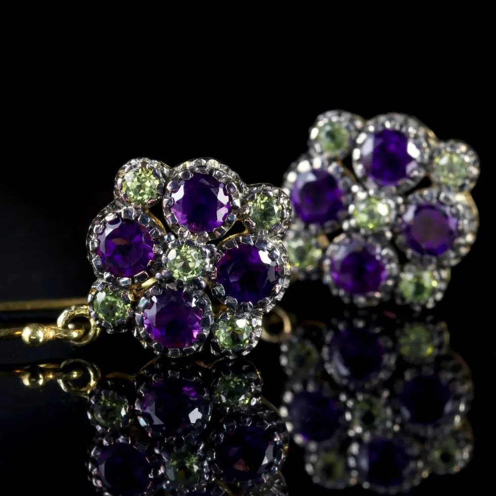 Peridot Amethyst Suffragette Cluster Earrings 18Ct Gold