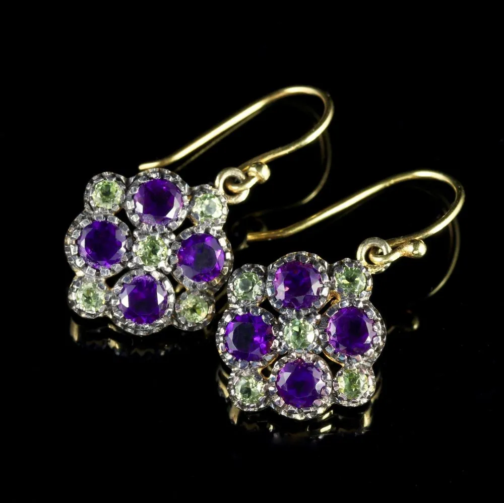 Peridot Amethyst Suffragette Cluster Earrings 18Ct Gold