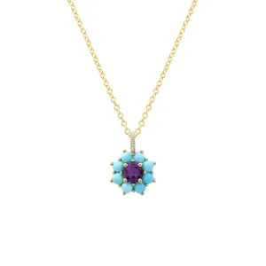 Petite Statement Turquoise Flower Pendant Necklace with Amethyst Center
