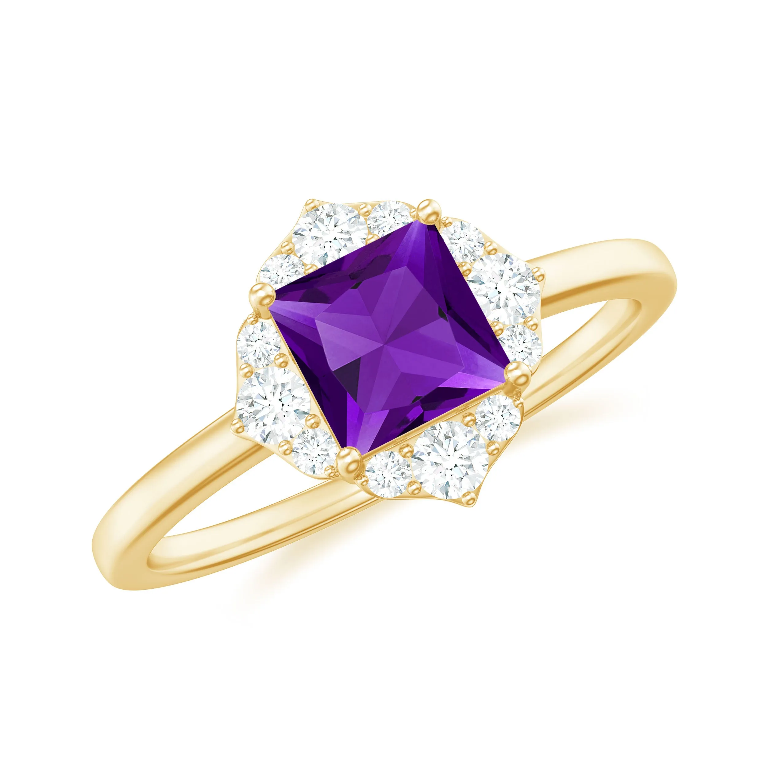 Princess Cut Amethyst and Diamond Flower Halo Ring